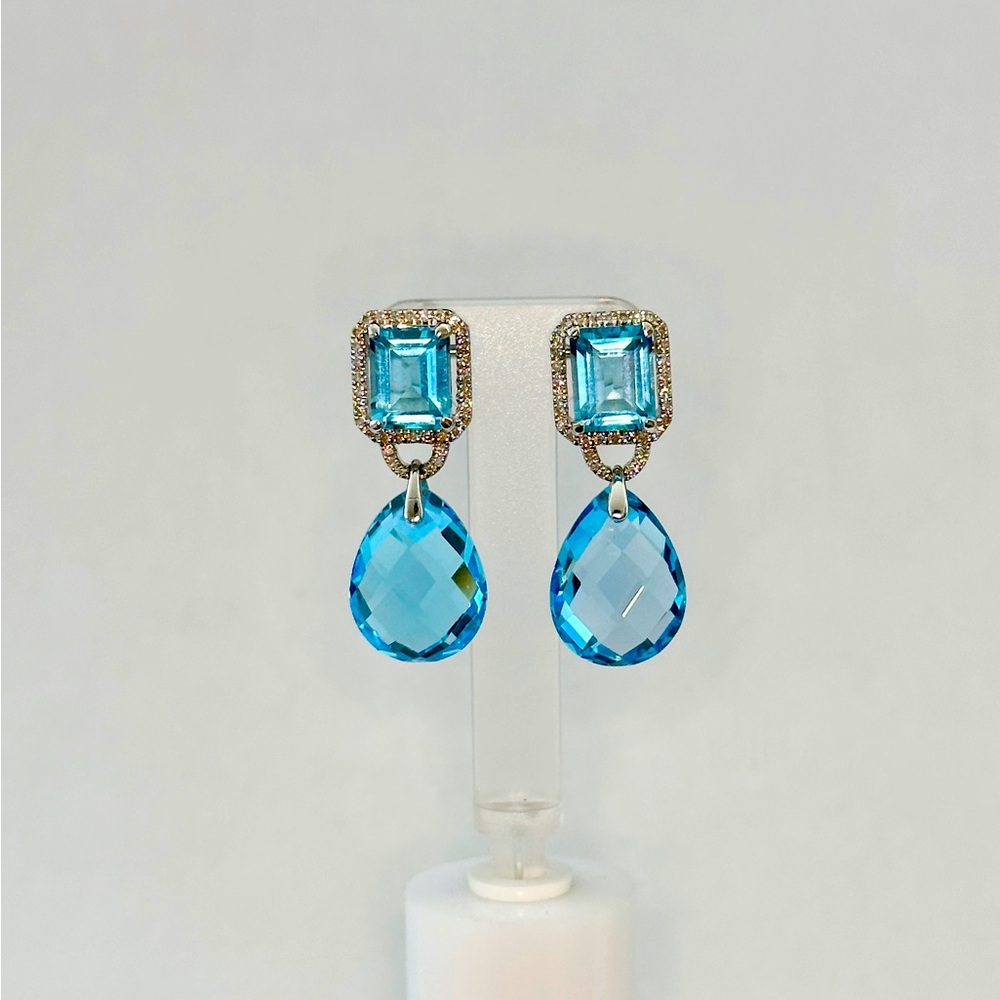 Rarities Sterling Silver Real White Diamond and Swiss Blue Topaz Drop Earrings